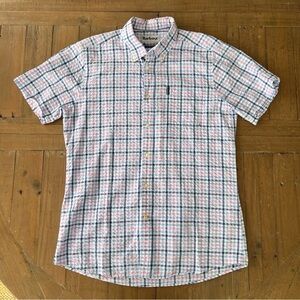 Barbour Men's small pink blue plaid seersucker tailored short sleeve button up